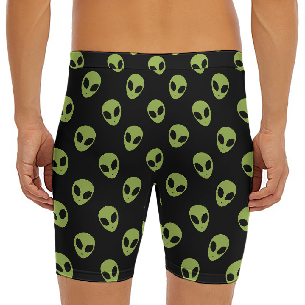 Green Alien Face Pattern Print Men's Long Boxer Briefs