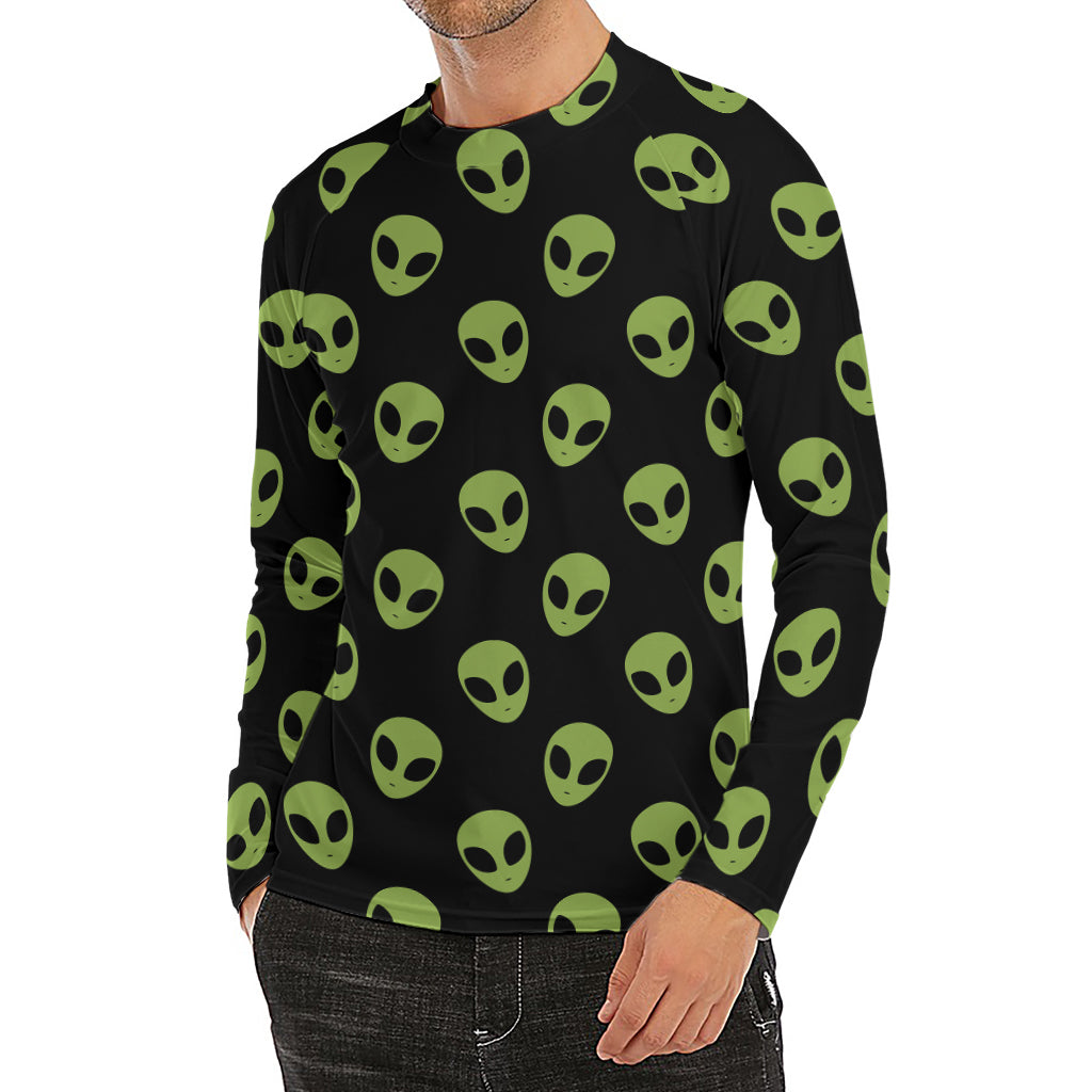 Green Alien Face Pattern Print Men's Long Sleeve Rash Guard