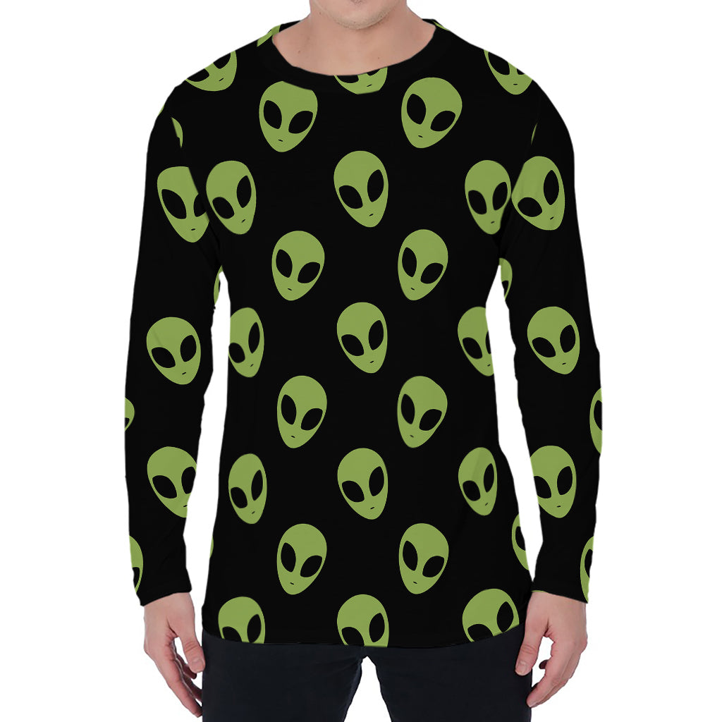 Green Alien Face Pattern Print Men's Long Sleeve T-Shirt