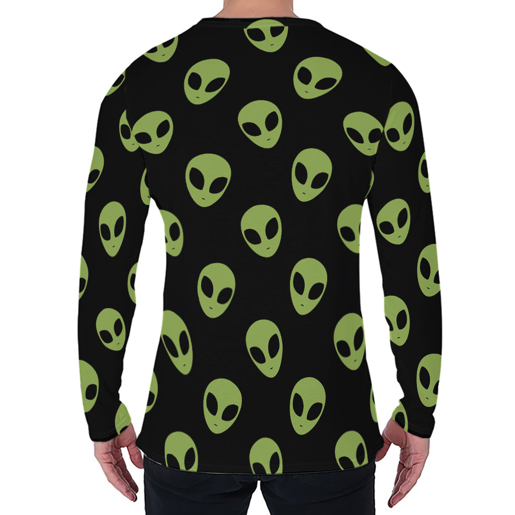 Green Alien Face Pattern Print Men's Long Sleeve T-Shirt