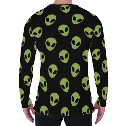 Green Alien Face Pattern Print Men's Long Sleeve T-Shirt