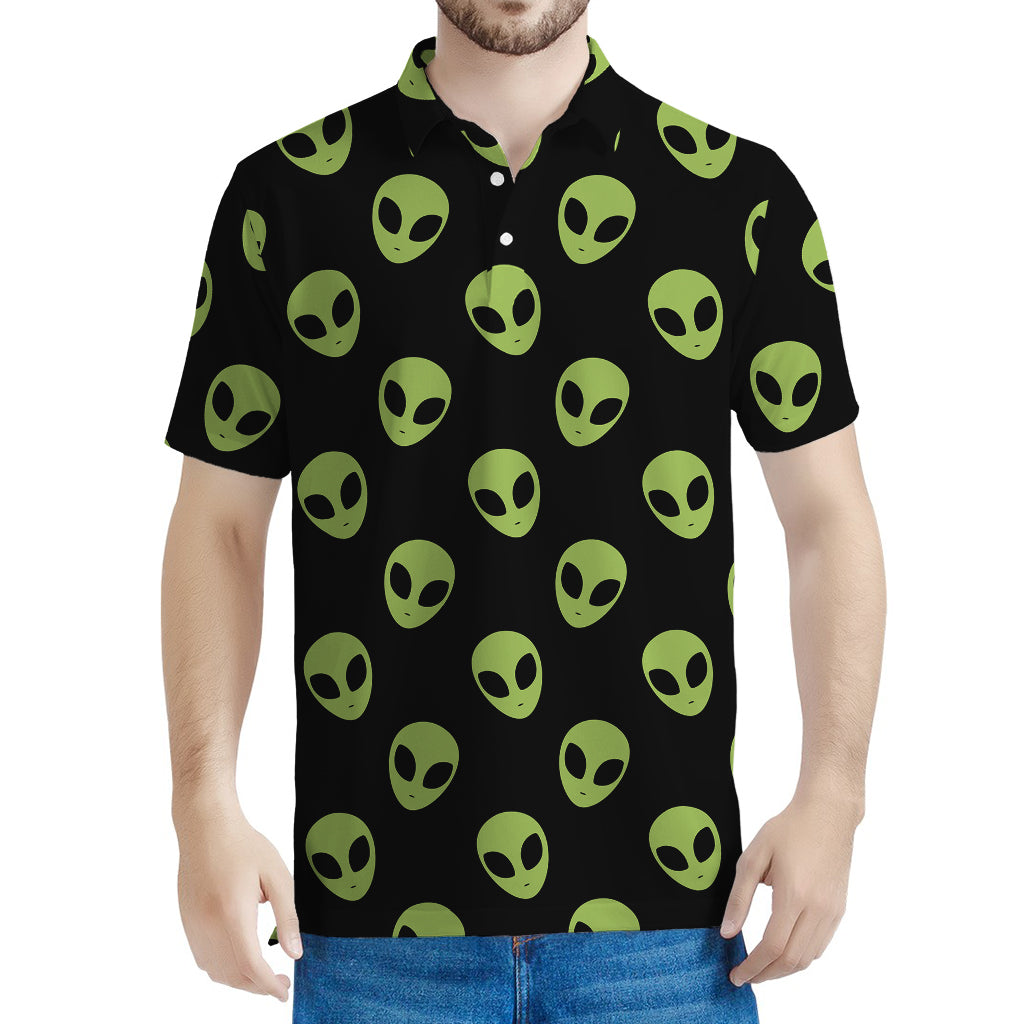 Green Alien Face Pattern Print Men's Polo Shirt