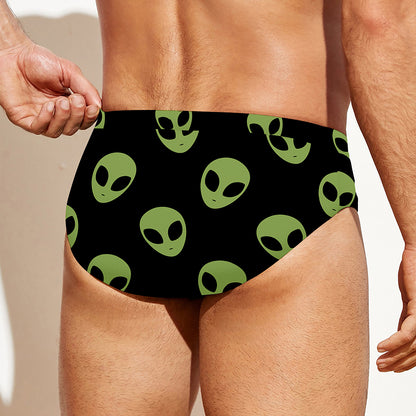 Green Alien Face Pattern Print Men's Swim Briefs