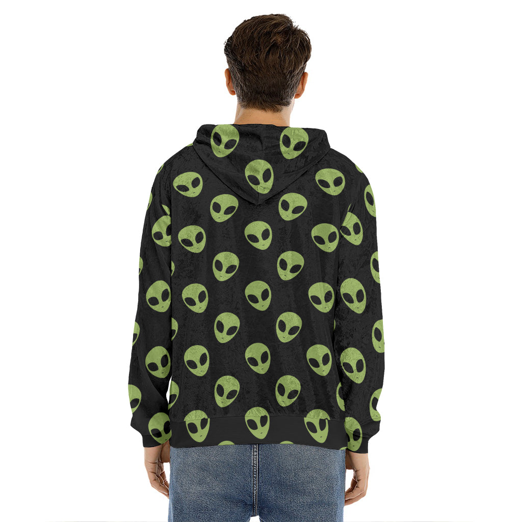 Green Alien Face Pattern Print Men's Velvet Pullover Hoodie