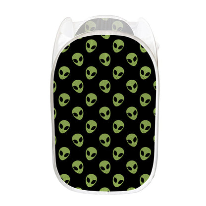 Green Alien Face Pattern Print Mesh Laundry Hamper