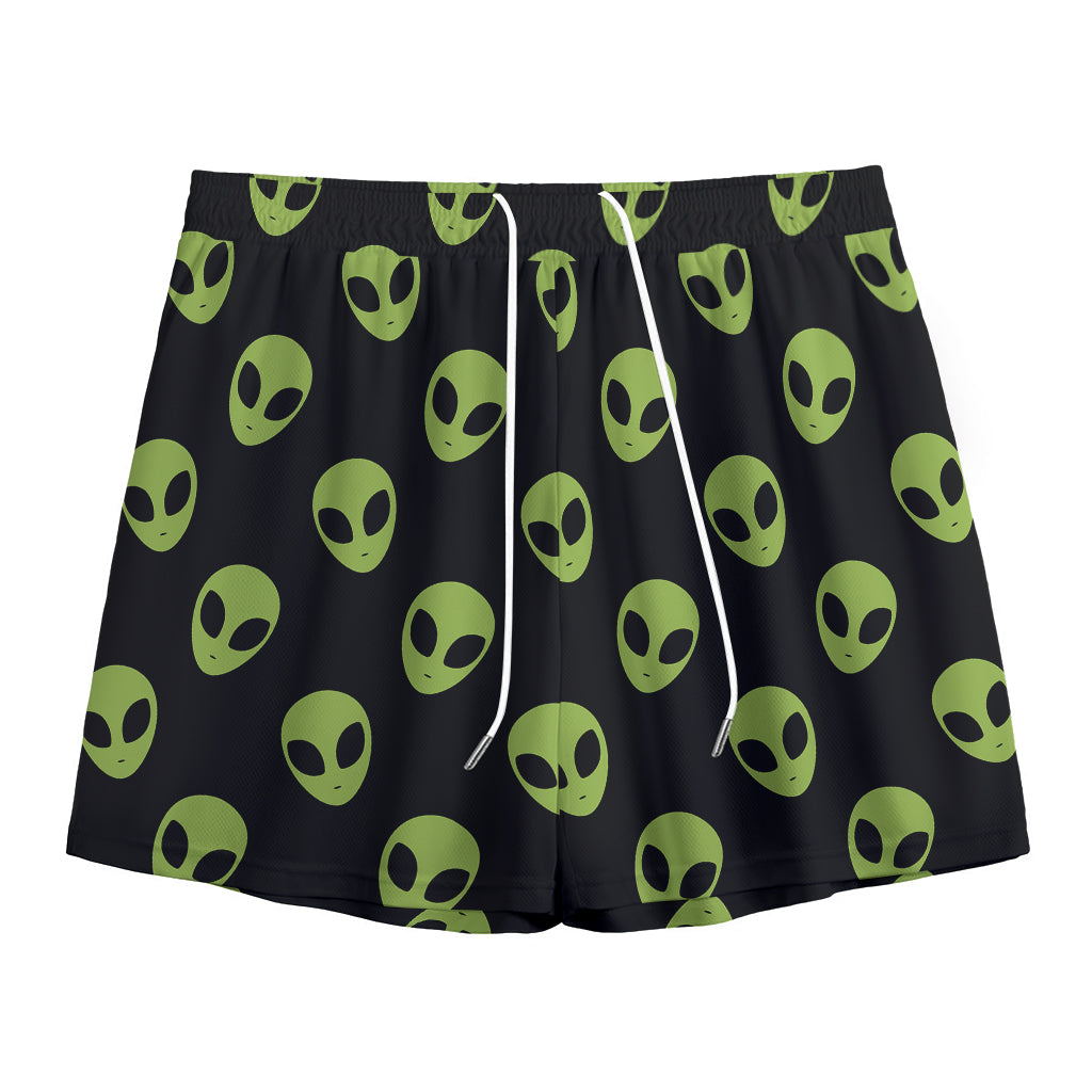 Green Alien Face Pattern Print Mesh Shorts