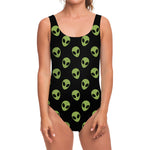 Green Alien Face Pattern Print One Piece Swimsuit