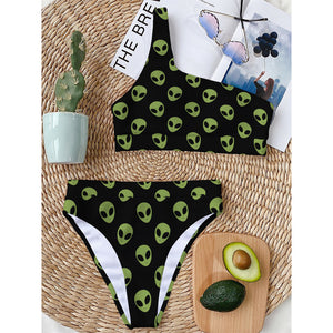 Green Alien Face Pattern Print One Shoulder Bikini Top