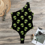 Green Alien Face Pattern Print One Shoulder Bodysuit