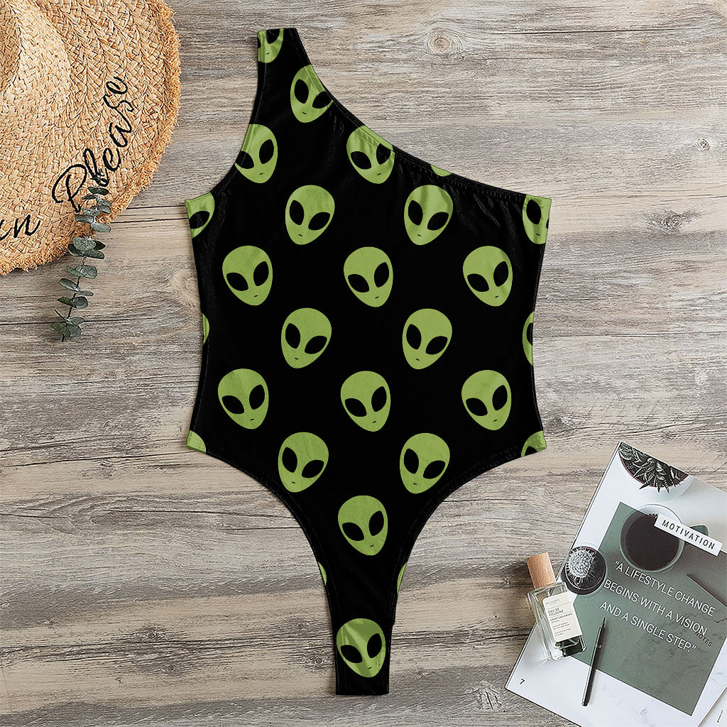 Green Alien Face Pattern Print One Shoulder Bodysuit