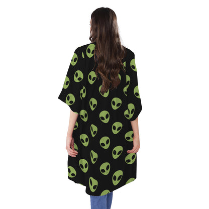 Green Alien Face Pattern Print Open Front Beach Cover Up