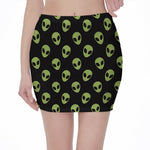 Green Alien Face Pattern Print Pencil Mini Skirt