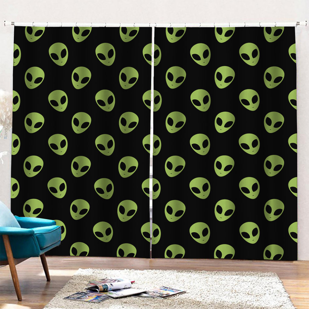 Green Alien Face Pattern Print Pencil Pleat Curtains