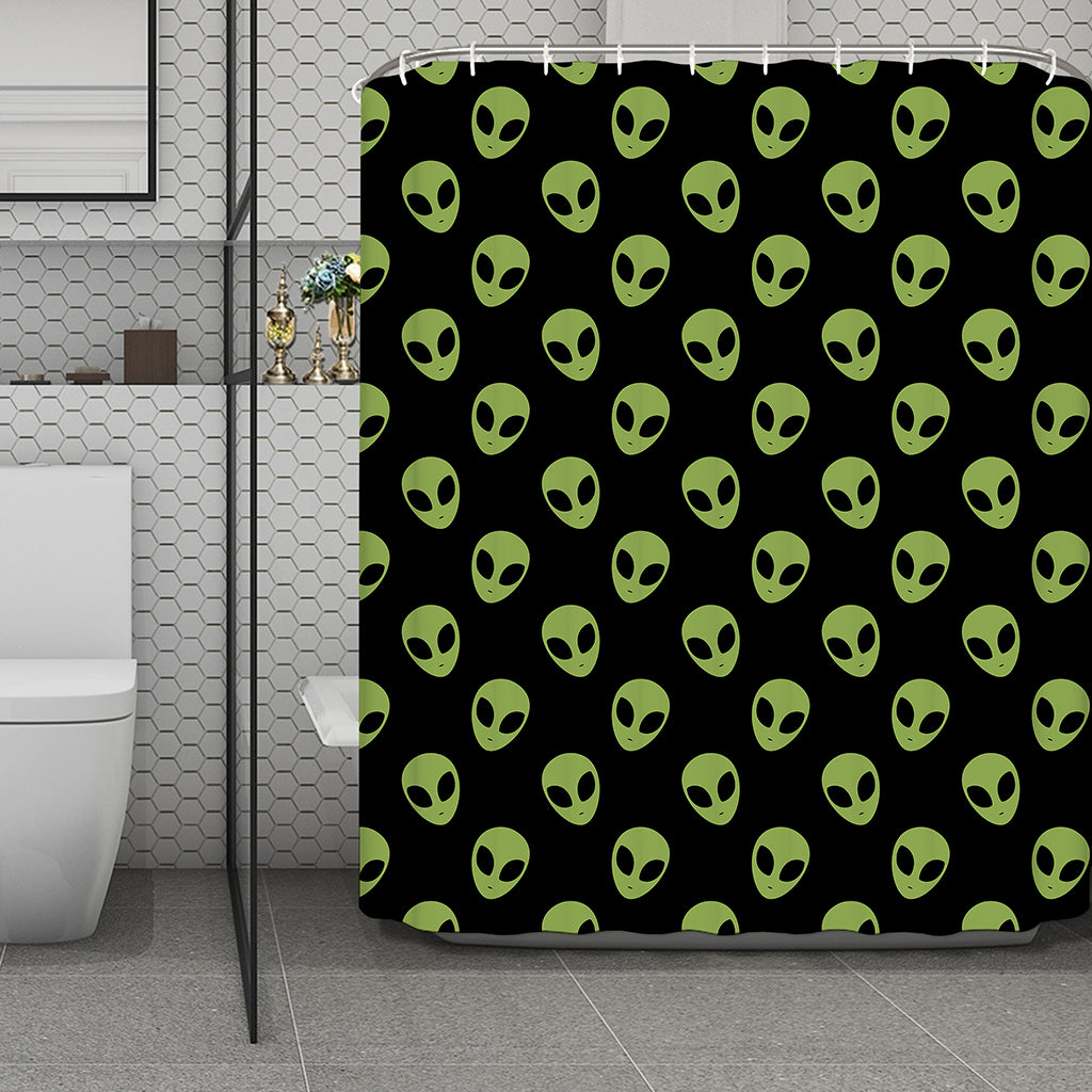 Green Alien Face Pattern Print Polyester Shower Curtain