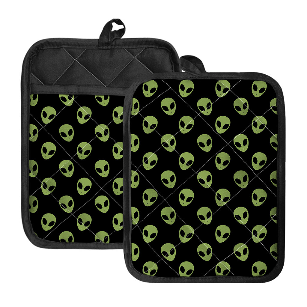 Green Alien Face Pattern Print Pot Holders With Pocket