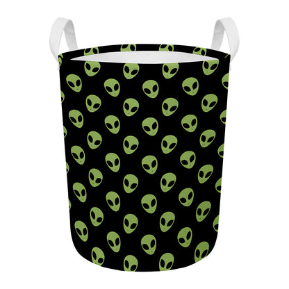 Green Alien Face Pattern Print Round Laundry Basket