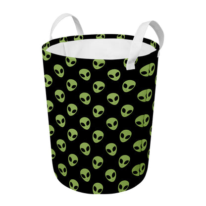 Green Alien Face Pattern Print Round Laundry Basket