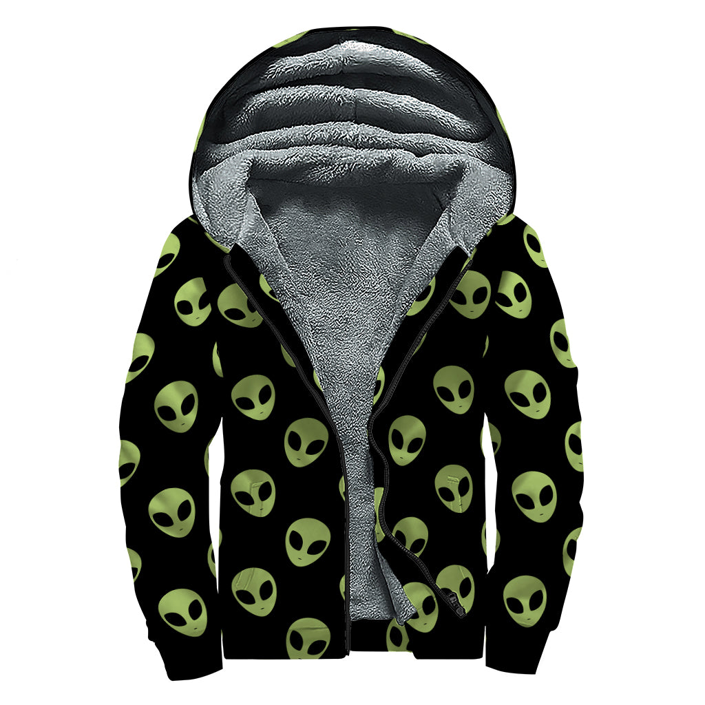 Green Alien Face Pattern Print Sherpa Lined Zip Up Hoodie