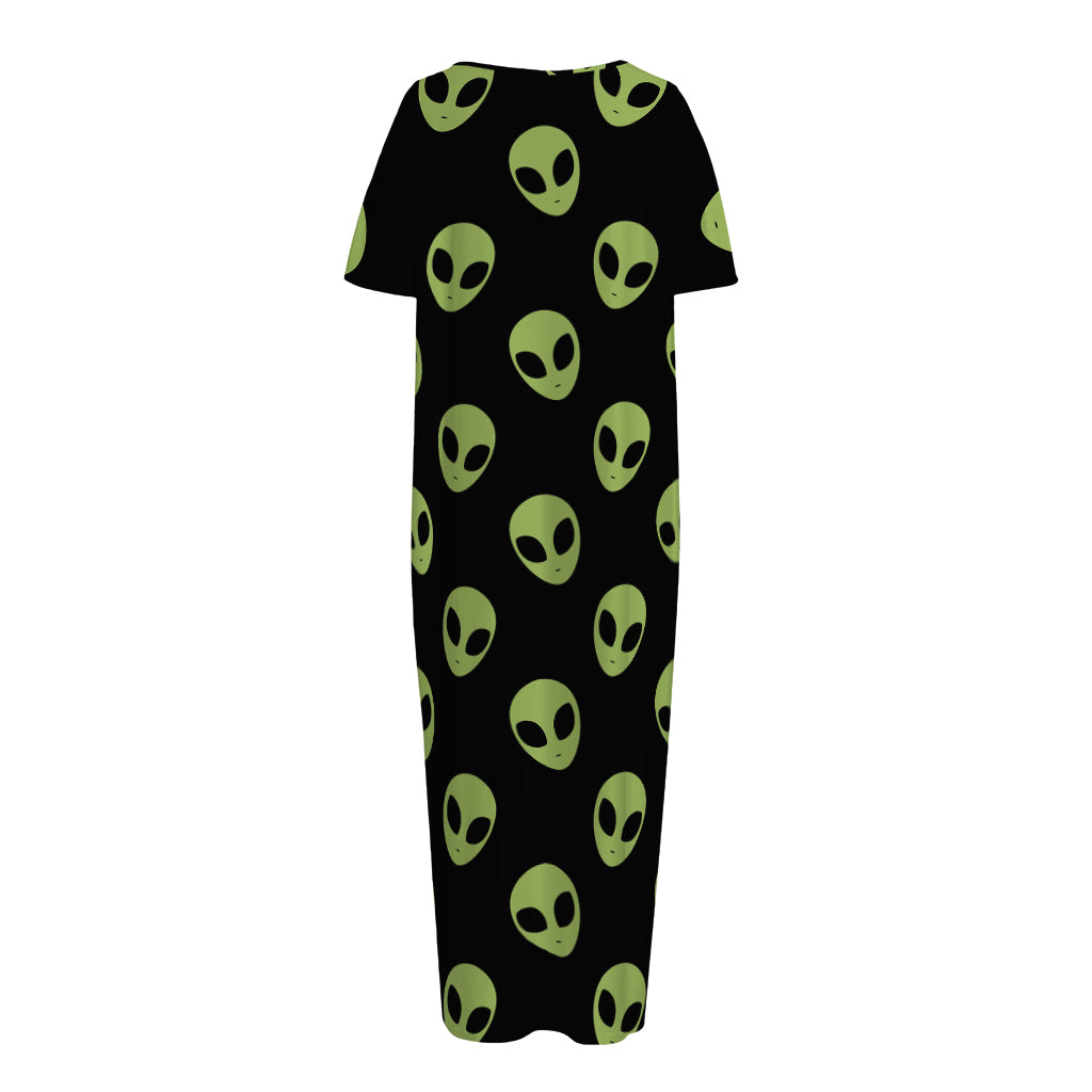 Green Alien Face Pattern Print Short Sleeve Long Nightdress