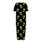 Green Alien Face Pattern Print Short Sleeve Long Nightdress