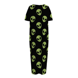 Green Alien Face Pattern Print Short Sleeve Long Nightdress