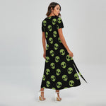 Green Alien Face Pattern Print Short Sleeve Maxi Dress