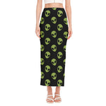 Green Alien Face Pattern Print Side Slit Maxi Skirt