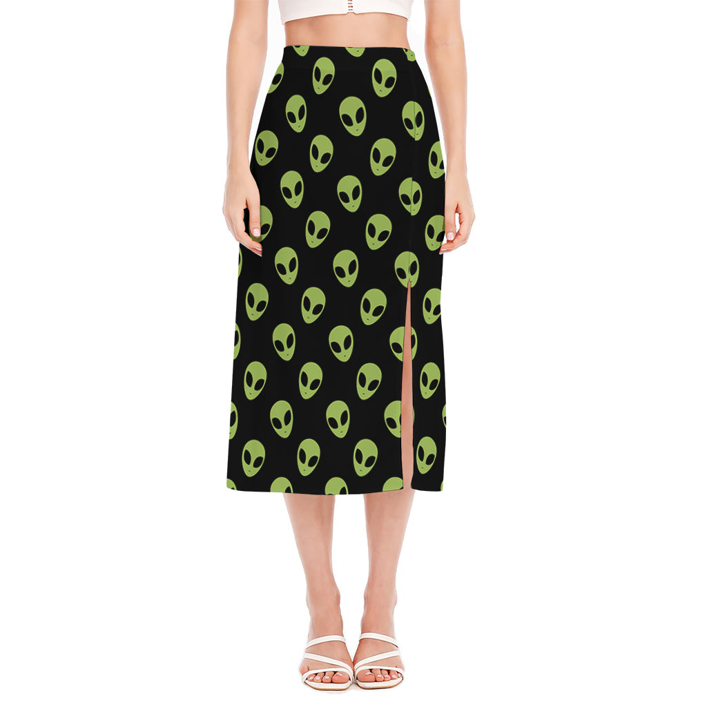 Green Alien Face Pattern Print Side Slit Midi Skirt