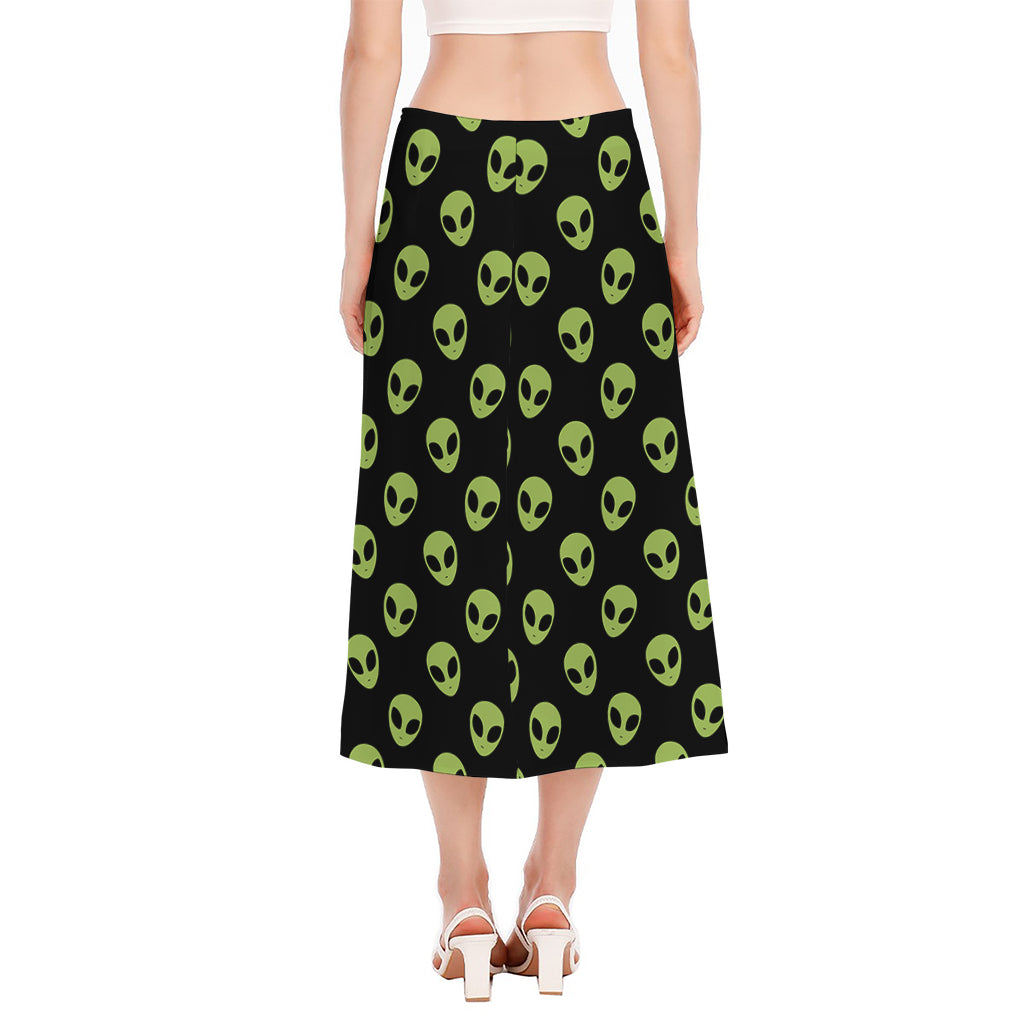 Green Alien Face Pattern Print Side Slit Midi Skirt