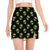 Green Alien Face Pattern Print Side Slit Mini Skirt