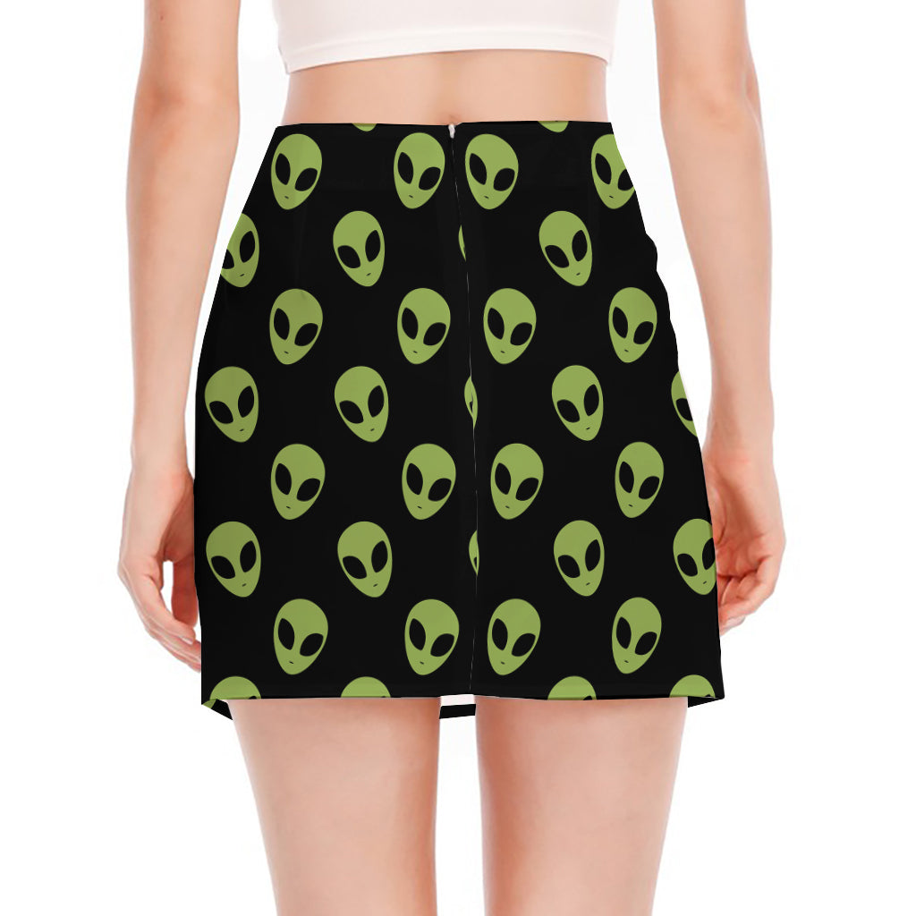 Green Alien Face Pattern Print Side Slit Mini Skirt