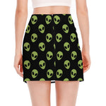 Green Alien Face Pattern Print Side Slit Mini Skirt