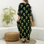 Green Alien Face Pattern Print Silk V-Neck Kaftan Dress