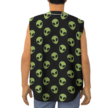 Green Alien Face Pattern Print Sleeveless Baseball Jersey