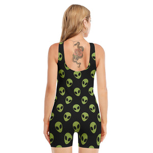 Green Alien Face Pattern Print Sleeveless One Piece Swimsuit