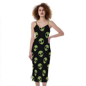 Green Alien Face Pattern Print Slim Fit Midi Cami Dress