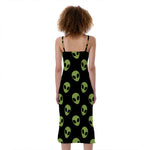 Green Alien Face Pattern Print Slim Fit Midi Cami Dress