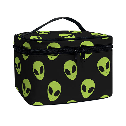 Green Alien Face Pattern Print Travel Makeup Bag