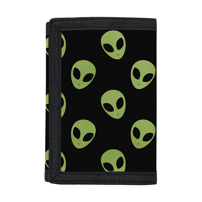 Green Alien Face Pattern Print Trifold Wallet