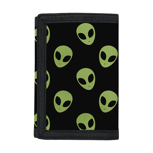 Green Alien Face Pattern Print Trifold Wallet