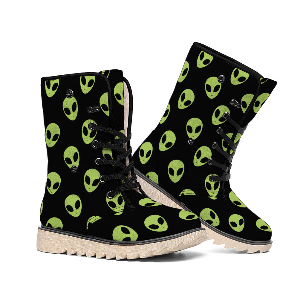 Green Alien Face Pattern Print Winter Boots