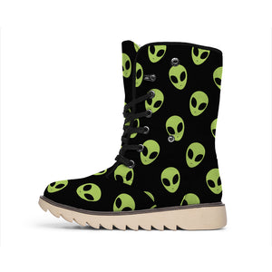 Green Alien Face Pattern Print Winter Boots