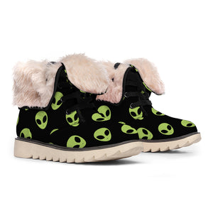 Green Alien Face Pattern Print Winter Boots