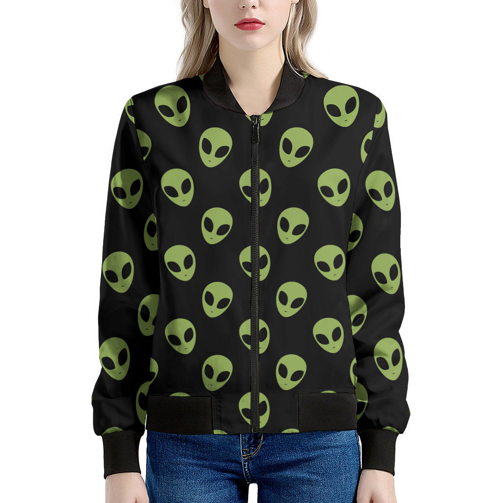 Green Alien Face Pattern Print Women's Bomber Jacket