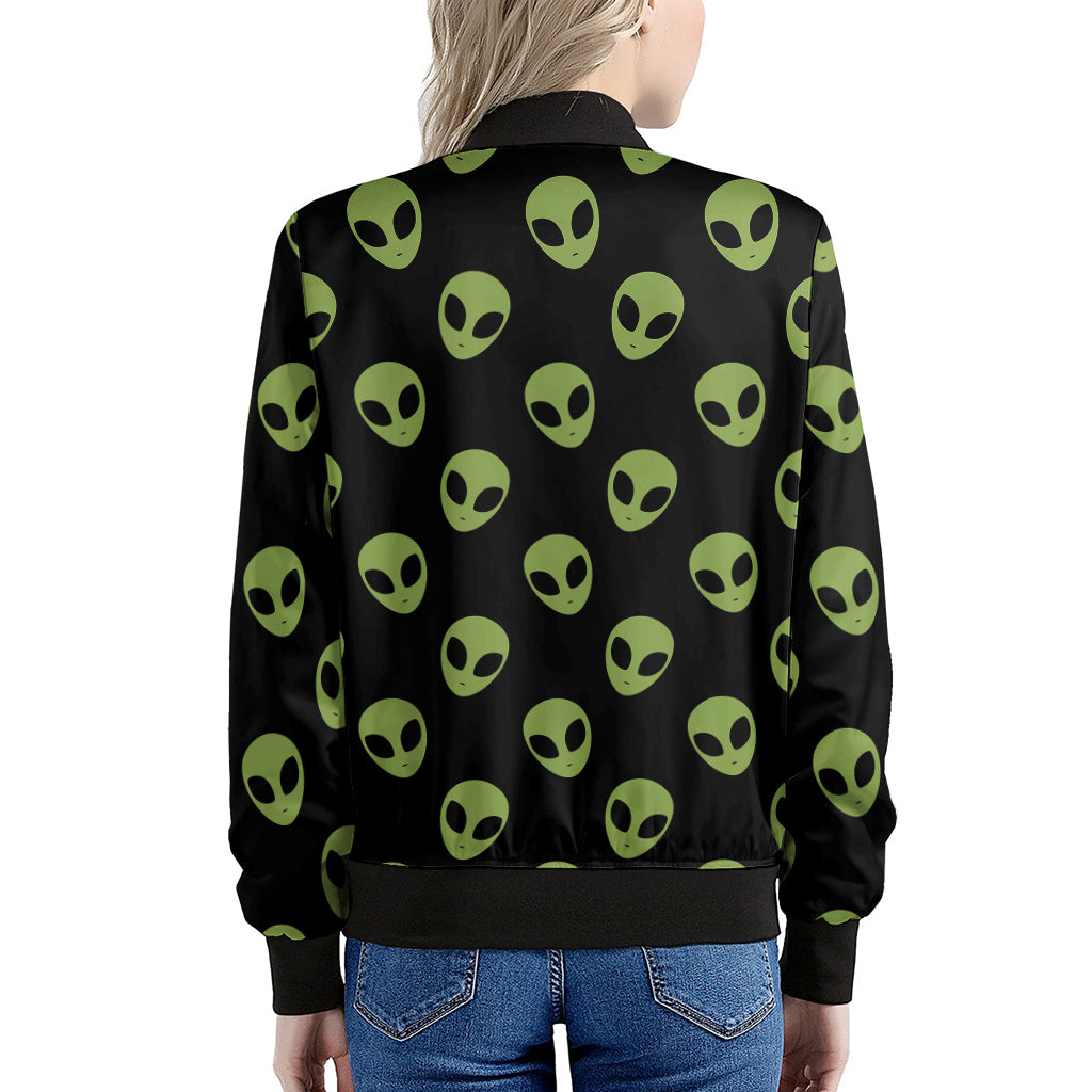 Green Alien Face Pattern Print Women's Bomber Jacket