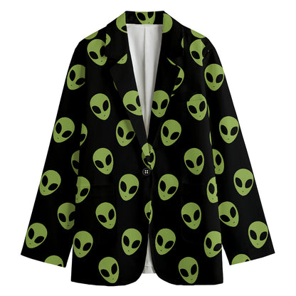 Green Alien Face Pattern Print Women's Cotton Blazer