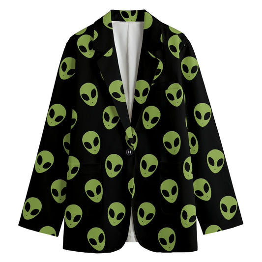 Green Alien Face Pattern Print Women's Cotton Blazer