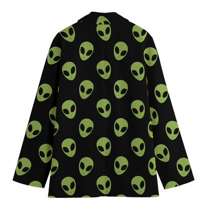 Green Alien Face Pattern Print Women's Cotton Blazer