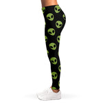 Green Alien Face Pattern Print Women's Leggings