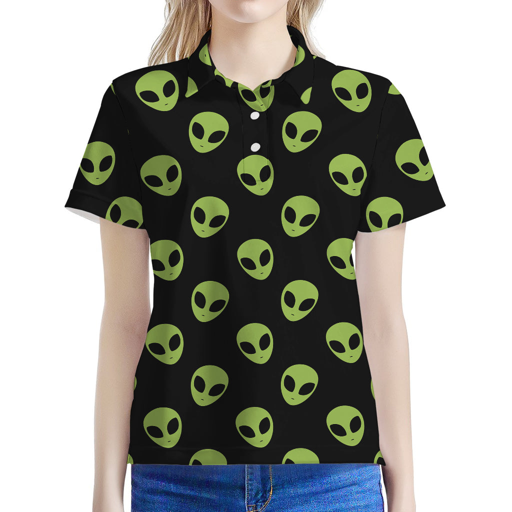 Green Alien Face Pattern Print Women's Polo Shirt